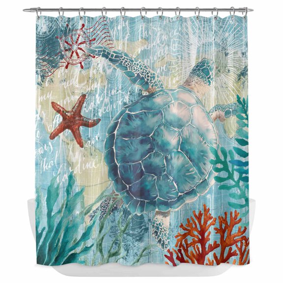 Xipuska Sea Turtle Coastal Shower Curtain - Water Repellent Fabric Shower Curtains Washable, Nautical Summer Coral Ocean Vintage Decorative Polyester Cloth Bathroom Curtains Modern Bath Decor 72"x78"