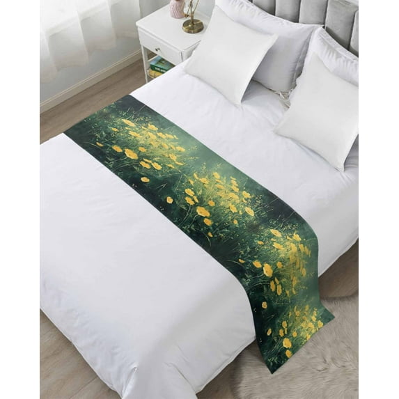 Xipuska Spring Floral Bed Runners for Twin Size Bed, Decorative Bed Throws for Foot of Bed, Yellow Green Pastoral Botanical Oil Painting Bed Runner Sofa Throw Bedding Scarf Slipcover for Bedroom