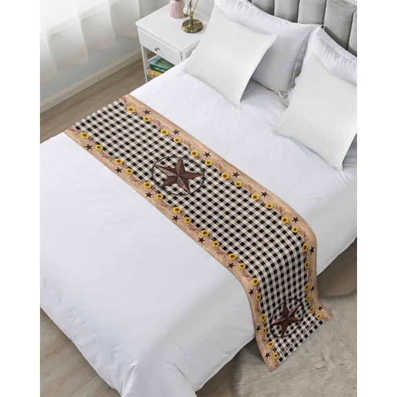 Xipuska Star Country Bed Runners for Twin Size Bed, Decorative Bed Throws for Foot of Bed, Farmhouse Sunflower Texas Retro Checkered Bed Runner Sofa Throw Bedding Scarf Slipcover for Bedroom