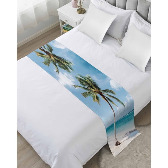 Xipuska Summer Beach Bed Runners for King Size Bed, Decorative Bed Throws for Foot of Bed, Botanical Tropical Tree Ocean Blue Sky Bed Runner Sofa Throw Bedding Scarf Protector Slipcover for Bedroom