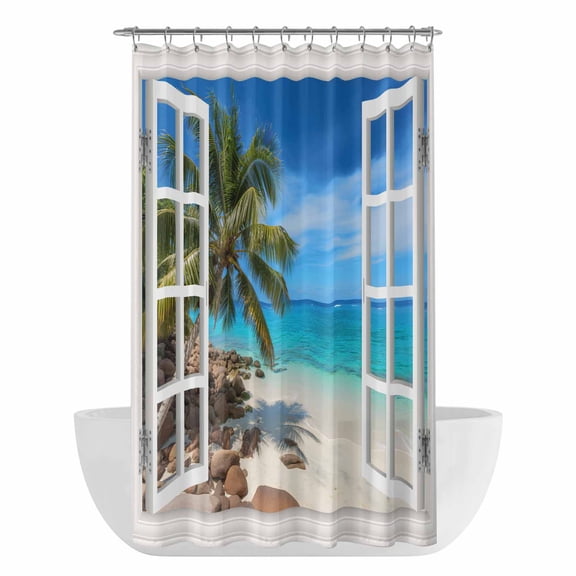 Xipuska Summer Beach Shower Curtain - Water Repellent Fabric Shower Curtains Washable, Window Seascape Palm Trees Oceans Decorative Polyester Cloth Bathroom Curtains Modern Bath Decor 36"x72"