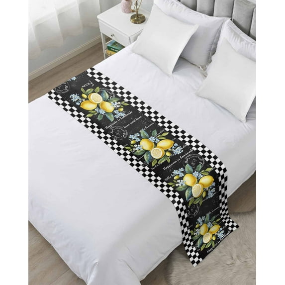 Xipuska Summer Lemon Bed Runners for Cal King Size Bed, Decorative Bed Throws for Foot of Bed, Vintage Black Plaid Blue Spring Floral Bed Runner Sofa Throw Bedding Scarf Slipcover for Bedroom