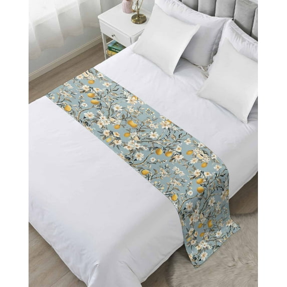 Xipuska Summer Lemon Bed Runners for Queen Size Bed, Decorative Bed Throws for Foot of Bed, Spring Flower Floral Leaves Watercolor Bed Runner Sofa Throw Bedding Scarf Protector Slipcover for Bedroom