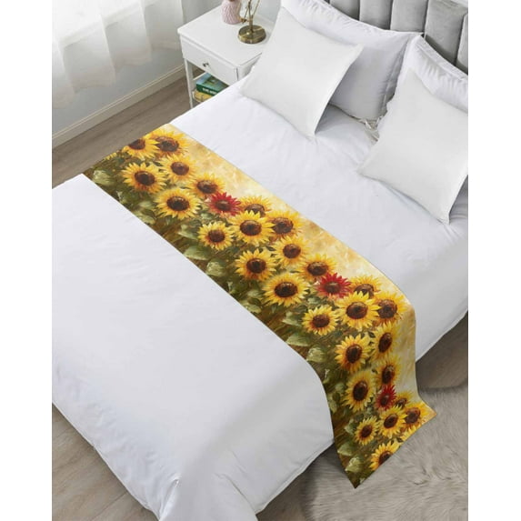 Xipuska Summer Sunflowers Bed Runners for Queen Size Bed, Decorative Bed Throws for Foot of Bed, Country Oil Painting Red Yellow Floral Bed Runner Sofa Throw Bedding Scarf Slipcover for Bedroom