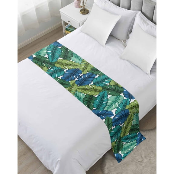 Xipuska Summer Tropical Leaves Bed Runners for Twin Size Bed, Decorative Bed Throws for Foot of Bed, Blue Green Botanical Leaf Plants Bed Runner Sofa Throw Bedding Scarf Slipcover for Bedroom