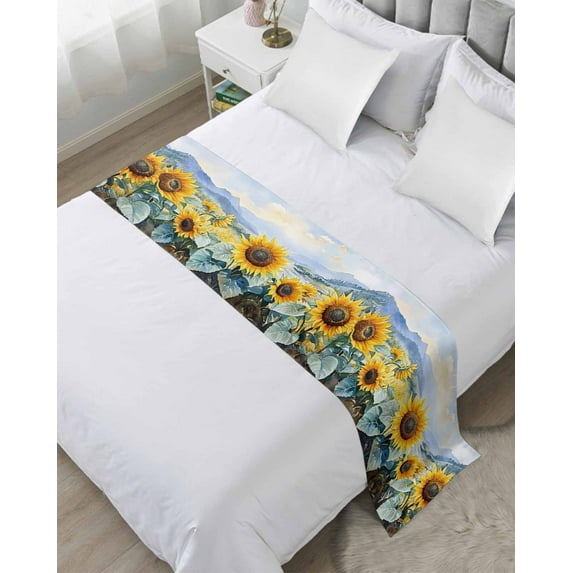Xipuska Sunflower Summer Bed Runners for King Size Bed, Decorative Bed Throws for Foot of Bed, Vintage Farmhouse Field Floral Bed Runner Sofa Throw Bedding Scarf Protector Slipcover for Bedroom/Hotel