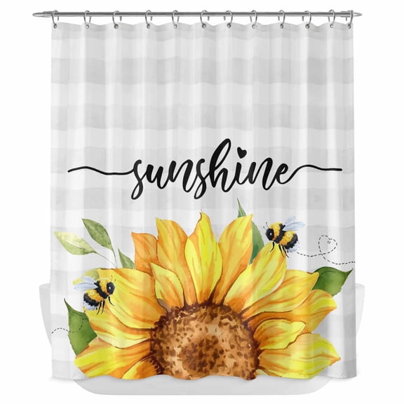 Xipuska Sunflowers Bees Shower Curtain - Water Repellent Fabric Shower Curtains Washable, Grey Check Sunshine Watercolor Floral Decorative Polyester Cloth Bathroom Curtains Modern Bath Decor 66"x72"