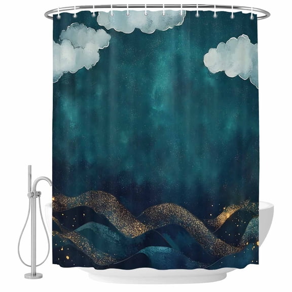 Xipuska Teal Abstract Shower Curtain - Water Repellent Fabric Shower Curtains Washable, Watercolor Cloud Scenery Waves Art Decorative Polyester Cloth Bathroom Curtains Modern Bath Decor 36"x72"