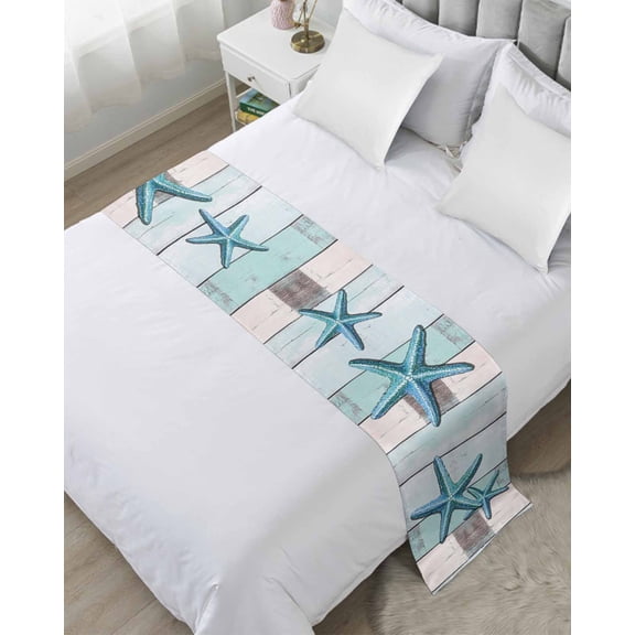 Xipuska Teal Blue Starfish Bed Runners for Twin Size Bed, Decorative Bed Throws for Foot of Bed, Summer Beach Coastal Retro Wooden Bed Runner Sofa Throw Bedding Scarf Protector Slipcover for Bedroom