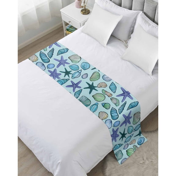 Xipuska Teal Conch Coastal Bed Runners for Queen Size Bed, Decorative Bed Throws for Foot of Bed, Summer Beach Shell Starfish Ocean Bed Runner Sofa Throw Bedding Scarf Protector Slipcover for Bedroom