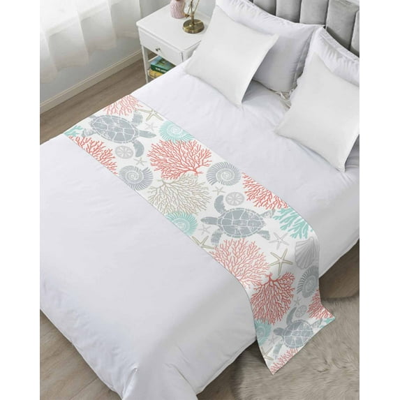 Xipuska Teal Red Coastal Turtle Bed Runners for Cal King Size Bed, Decorative Bed Throws for Foot of Bed, Ocean Coral Nautical Bed Runner Sofa Throw Bedding Scarf Protector Slipcover/Hotel