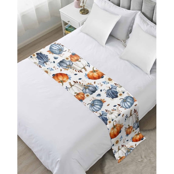 Xipuska Thanksgiving Blue Pumpkin Bed Runners for Queen Size Bed, Decorative Bed Throws for Foot of Bed, Fall Leaves Daisy Country Bed Runner Sofa Throw Bedding Scarf Protector Slipcover for Bedroom