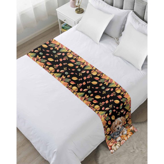 Xipuska Thanksgiving Dog Bed Runners for Twin Size Bed, Decorative Bed Throws for Foot of Bed, Fall Pumpkins Leaves Flowers Rustic Bed Runner Sofa Throw Bedding Scarf Protector Slipcover for Bedroom