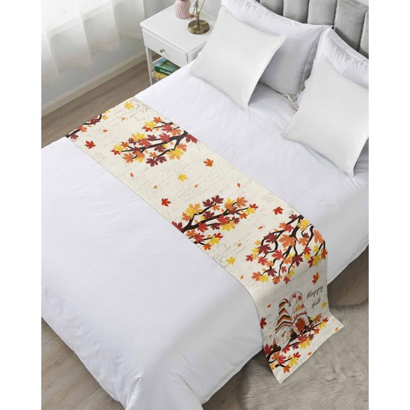 Xipuska Thanksgiving Gnomes Bed Runners for Twin Size Bed, Decorative Bed Throws for Foot of Bed, Fall Maple Leaves Vintage Autumn Bed Runner Sofa Throw Bedding Scarf Protector Slipcover for Bedroom