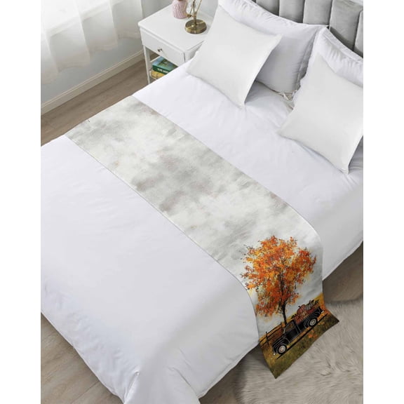 Xipuska Thanksgiving Pumpkins Bed Runners for Twin Size Bed, Decorative Bed Throws for Foot of Bed, Fall Cart Yellow Tree Country Rustic Bed Runner Sofa Throw Bedding Scarf Slipcover for Bedroom