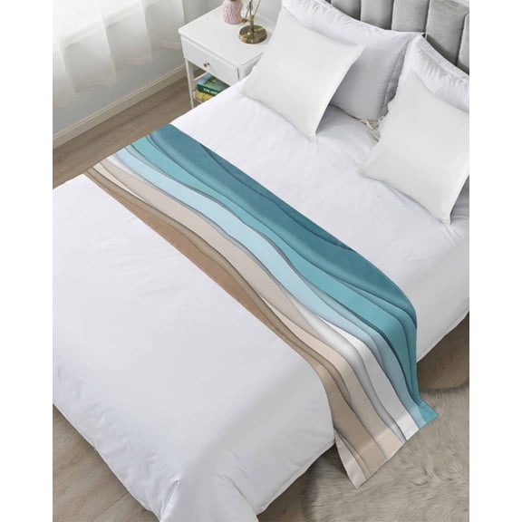 Xipuska Turquoise Brown Bed Runners for King Size Bed, Decorative Bed Throws for Foot of Bed, Teal White Geometric Gradient Stripes Bed Runner Sofa Throw Bedding Scarf Protector Slipcover for Bedroom