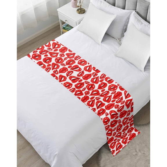 Xipuska Valentines Bed Runners for Queen Size Bed, Decorative Bed Throws for Foot of Bed, Modern Romantic Red Woman Lips Love Kiss Bed Runner Sofa Throw Bedding Scarf Protector Slipcover for Bedroom