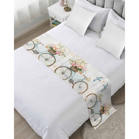 Xipuska Vintage Floral Bicycle Bed Runners for Queen Size Bed, Decorative Bed Throws for Foot of Bed, Spring Farmhouse Bird Wood Bed Runner Sofa Throw Bedding Scarf Protector Slipcover for Bedroom