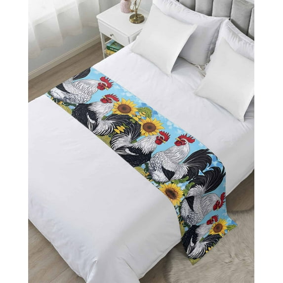 Xipuska Vintage Rooster Bed Runners for King Size Bed, Decorative Bed Throws for Foot of Bed, Watercolor Farmhouse Blue Flowers Bed Runner Sofa Throw Bedding Scarf Protector Slipcover for Bedroom