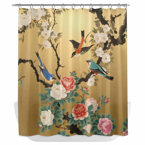 Xipuska Vintage Spring Floral Shower Curtain - Water Repellent Fabric Shower Curtains Washable, Retro Birds Flowers Decorative Polyester Cloth Bathroom Curtains Modern Bath Decor 72"x72"