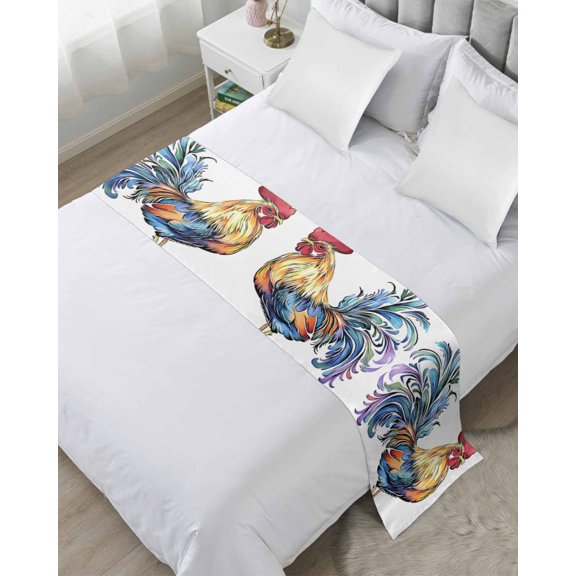 Xipuska Watercolor Rooster Bed Runners for Cal King Size Bed, Decorative Bed Throws for Foot of Bed, Vintage Animals Pastoral Bed Runner Sofa Throw Bedding Scarf Protector Slipcover for Bedroom/Hotel