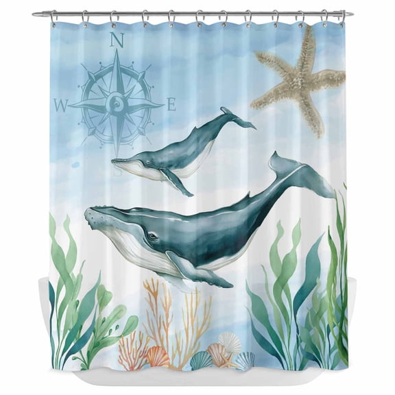 Xipuska Whale Coastal Shower Curtain - Water Repellent Fabric Shower Curtains Washable, Summer Beach Nautical Starfish Compass Decorative Polyester Cloth Bathroom Curtains Modern Bath Decor 72"x72"