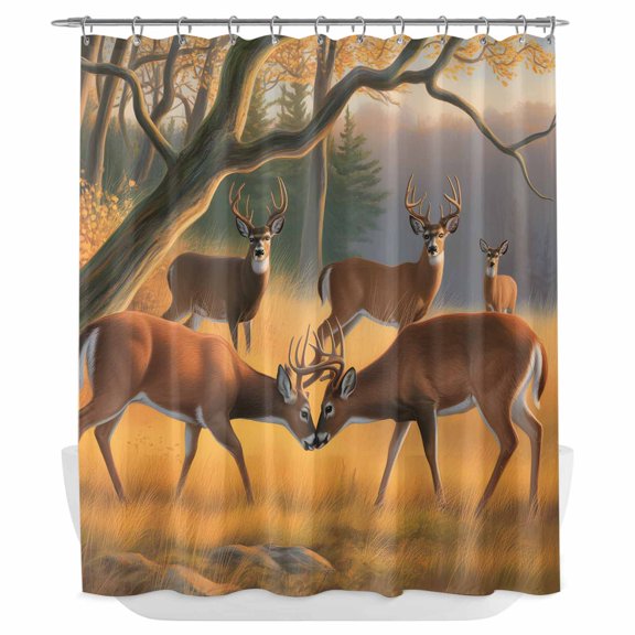 Xipuska Wild Elk Forest Shower Curtain - Water Repellent Fabric Shower Curtains Washable, Autumn Grass Trees Animals Oil Painting Decorative Cloth Bathroom Curtains Modern Bath Decor 66"x72"