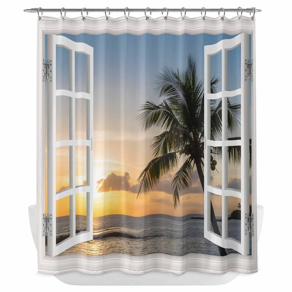 Xipuska Windows Seascape Shower Curtain - Water Repellent Fabric Shower Curtains Washable, Coastal Beach Palm Tree Sunset Decorative Polyester Cloth Bathroom Curtains Modern Bath Decor 66"x72"
