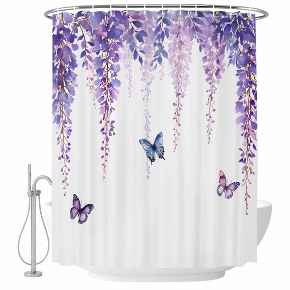 Xipuska Wisteria Shower Curtain - Water Repellent Fabric Shower Curtains Washable, Purple Flowers Butterflies Vintage Spring Decorative Polyester Cloth Bathroom Curtains Modern Bath Decor 72"x72"