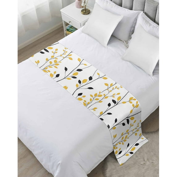 Xipuska Yellow Black Leaves Bed Runners for Queen Size Bed, Decorative Bed Throws for Foot of Bed, Spring Pastoral Branches Botanical Bed Runner Sofa Throw Bedding Scarf Slipcover for Bedroom