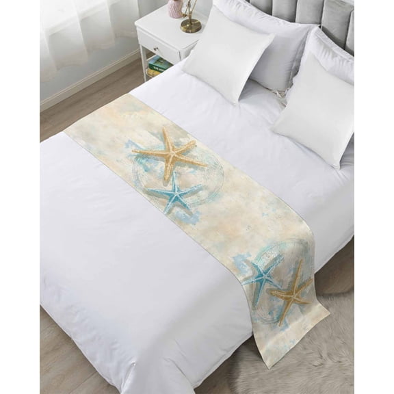 Xipuska Yellow Blue Starfish Bed Runners for Twin Size Bed, Decorative Bed Throws for Foot of Bed, Vintage Coastal Nautical Ocean Bed Runner Sofa Throw Bedding Scarf Protector Slipcover for Bedroom