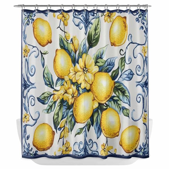 Xipuska Yellow Lemon Shower Curtain - Water Repellent Fabric Shower Curtains Washable, Middle Century Blue Italian Textured Decorative Polyester Cloth Bathroom Curtains Modern Bath Decor 66"x72"