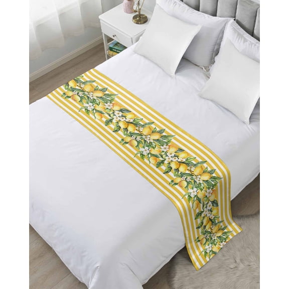Xipuska Yellow Lemon Stripes Bed Runners for Twin Size Bed, Decorative Bed Throws for Foot of Bed, Summer Spring Fruit Flowers Leaves Bed Runner Sofa Throw Bedding Scarf Slipcover for Bedroom