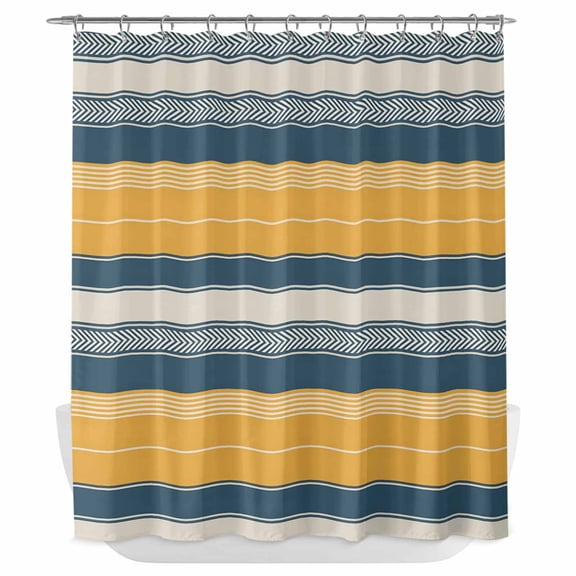 Xipuska Yellow Navy Blue Shower Curtain - Water Repellent Fabric Shower Curtains Washable, Boho Retro Farmhouse Colorful Stripes Decorative Polyester Cloth Bathroom Curtains Modern Bath Decor 66"x72"