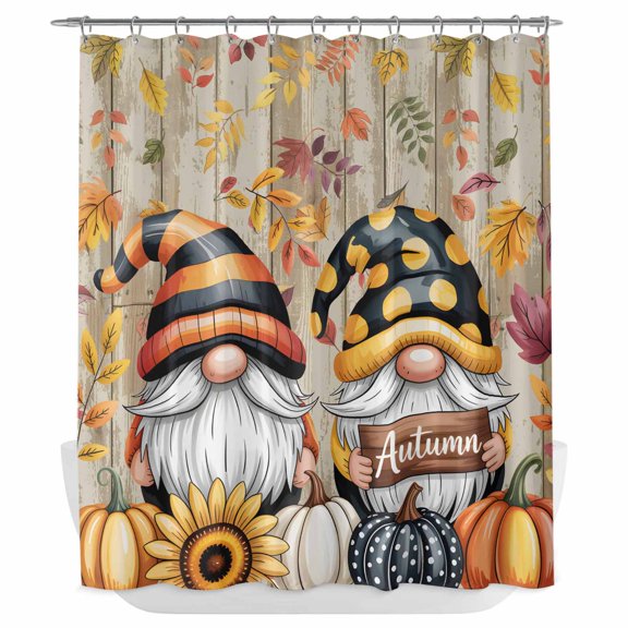 Xipuska Yellow Orange Gnomes Fall Shower Curtain - Water Repellent Fabric Shower Curtains Washable, Pumpkins Thanksgiving Leaves Floral Wooden Decorative Cloth Bathroom Curtains Bath Decor 72"x78"