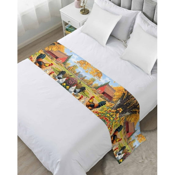Xipuska Yellow Retro Rooster Bed Runners for Cal King Size Bed, Decorative Bed Throws for Foot of Bed, Spring Floral Pastoral Animals Bed Runner Sofa Throw Bedding Scarf Slipcover for Bedroom