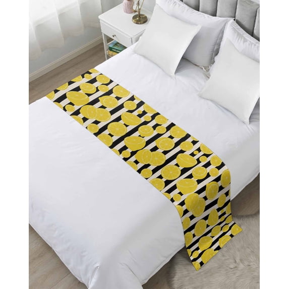 Xipuska Yellow Summer Lemon Bed Runners for Twin Size Bed, Decorative Bed Throws for Foot of Bed, Black Stripe Farmhouse Vintage Botanical Bed Runner Sofa Throw Bedding Scarf Slipcover for Bedroom