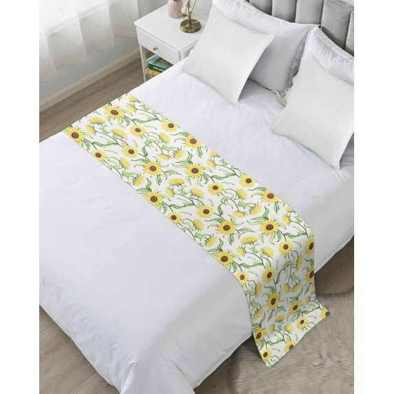 Xipuska Yellow Sunflower Bed Runners for Cal King Size Bed, Decorative Bed Throws for Foot of Bed, Spring Leaves Retro Country Farmhouse Bed Runner Sofa Throw Bedding Scarf Slipcover for Bedroom