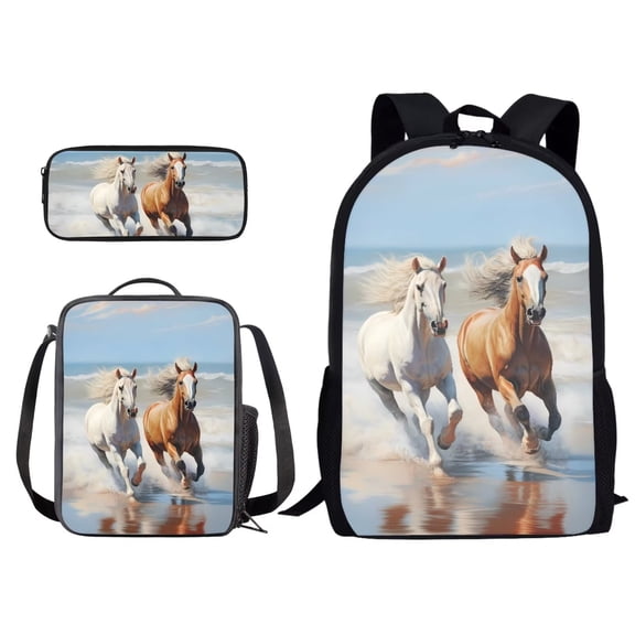 Xirimido Sea Running Horse Pattern Backpack Set for Kids Boys Girls School Bag with Lunch Bag Pencil Bag Primary Elementary Bookbag 3 Pcs Set