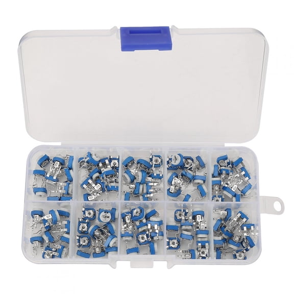 Xirurus 100Pcs 10 Values Blue White Variable Resistor Trimmer Pot Electronic Component Assortment Kit RM065 Horizontal Trimpot Rheostat for DIY Electronics Projects (0.24 inches / 6 mm)[cite: 1]