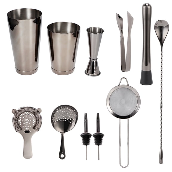 Xirurus 11-Piece Stainless Steel Cocktail Shaker Set, Professional Bartender Kit with Sleek Ruthenium Gunmetal Black Shaker and Strainer for Home Parties, 25.4 oz / 750 ml