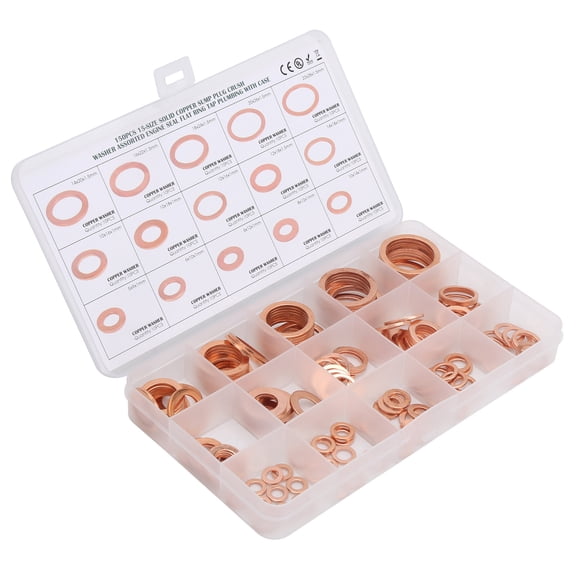 Xirurus 150pcs Flat Sealing Ring Red Copper Gasket O Ring Assortment Set [cite: 11], Sealing Ring Washer Hardware Washers (15 Sizes, M5-M22) [cite: 7]
