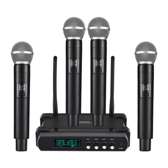 Xirurus 2.4G Wireless Microphone System 4 Handheld Mics V-Band Receiver Home KTV Church Speech Party Singing 80m Long Transmission Distance US Plug Black