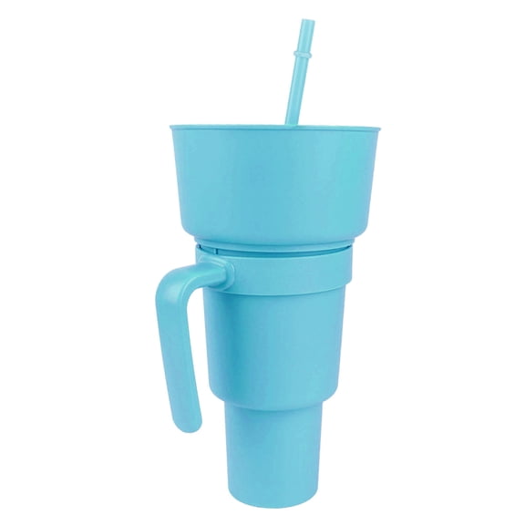 Xirurus 2‑in‑1 Snack & Drink Cup with Straw – Large Opening Plastic Beverage & Snack Bowl for Home, Cinema, Travel – Light Blue