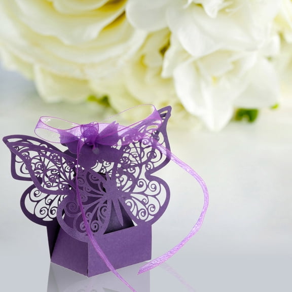 Xirurus 20 PCS Laser Cut Delicate Carved Butterfly Elegant Candy Boxes with Ribbon for Party Birthday Wedding Banquet Bridal Shower Gift Box Set (Purple)
