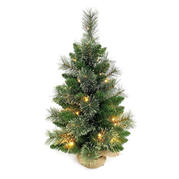 Xirurus 24 Inch / 60.9 cm Small Artificial Christmas Tree with Floral Pine Needles & Warm White LED Lights, Burlap Wrapped Base Tabletop Ornament
