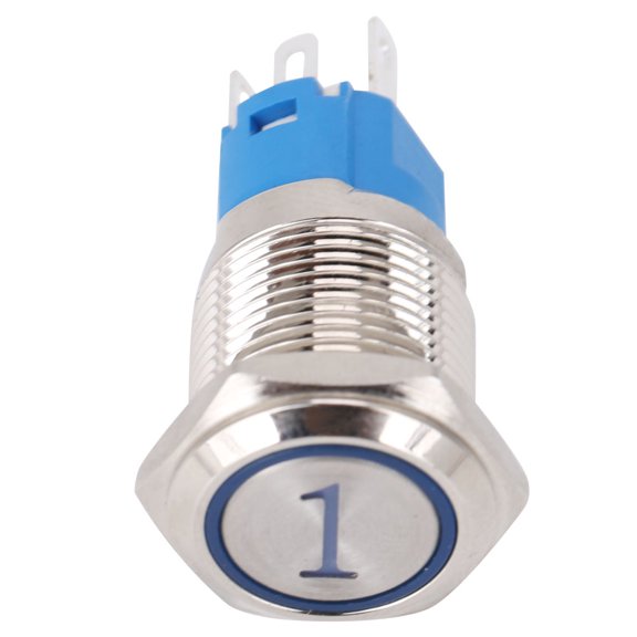 Xirurus 2Pcs 16mm (0.63 inches) Reset Momentary Push Button Switch Flat Round 5 Pin with LED Digit 1 Illuminated, Stainless Steel Shell, Blue Color 3-6VDC Voltage Output for Industrial Controls