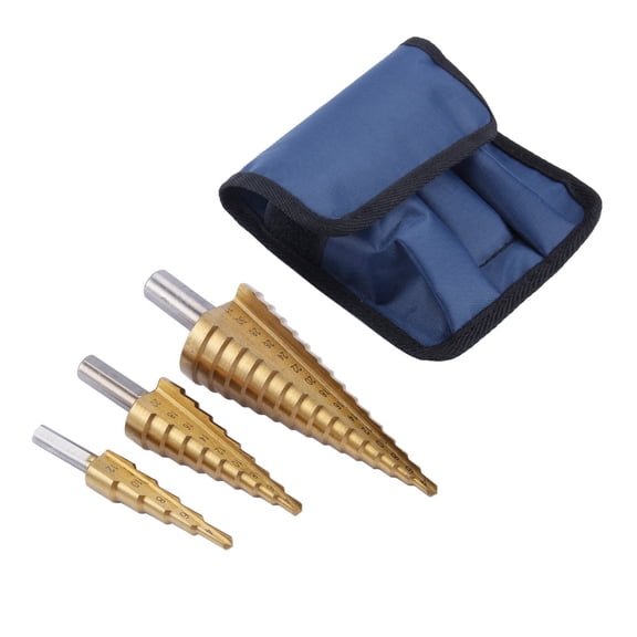 Xirurus 3-Piece Large HSS Steel Step Cone Drill Bit Set with Blue Storage Pouch, Titanium-Coated Hole Cutter Tool for Wood Brass Plastic, Hex Shank 4-12mm 4-20mm 4-32mm (4.72 inches / 12 cm)