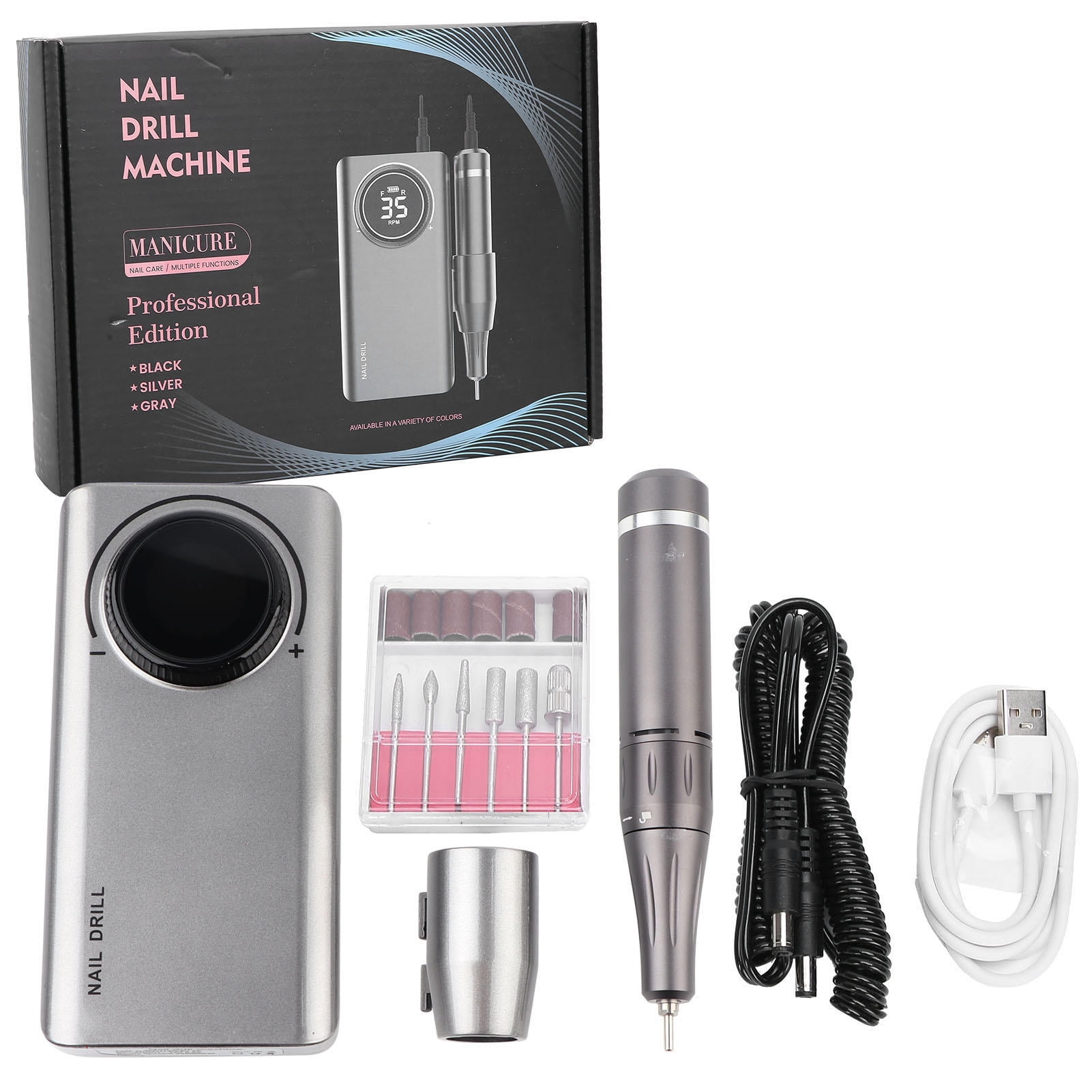 Xirurus 35000 RPM Rechargeable Nail Drill Pen with LCD, Dual‑Side Holder, Power‑Bank, 12‑Hour Battery, Light Gray