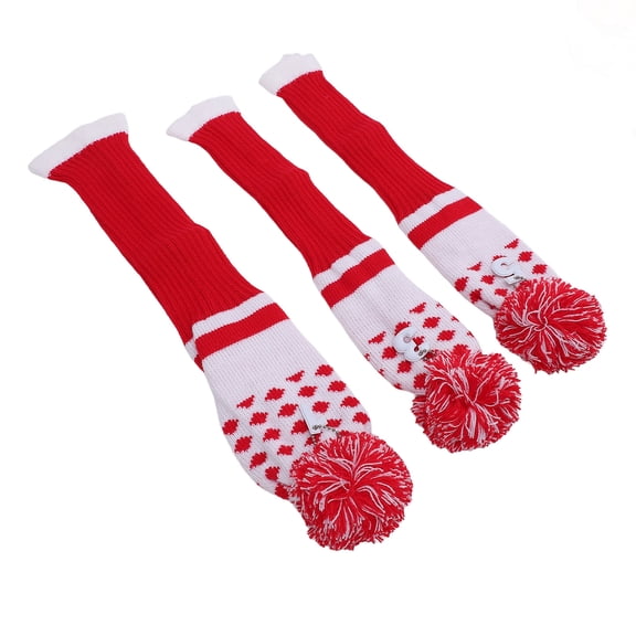 Xirurus 3PCS Stripes Knitted Golf Club Head Covers Set for 1 3 5 Woods, Red Headcovers with Pom Pom Decoration Snug Fit (9.84 inches / 25 cm)